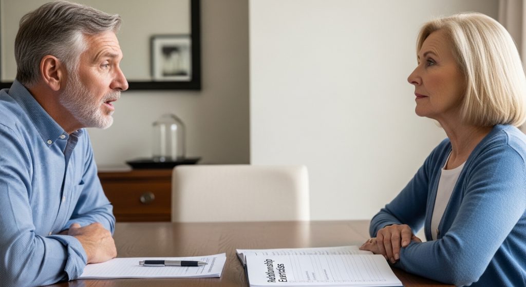 A realistic photograph of a mature couple (50s) sitting at a dining table with a visible emotional distance; one partner is trying to speak while the other is looking away or distracted. In the foreground, in sharp focus, lies an open workbook or checklist with a pen, suggesting practical "repair exercises" are available.